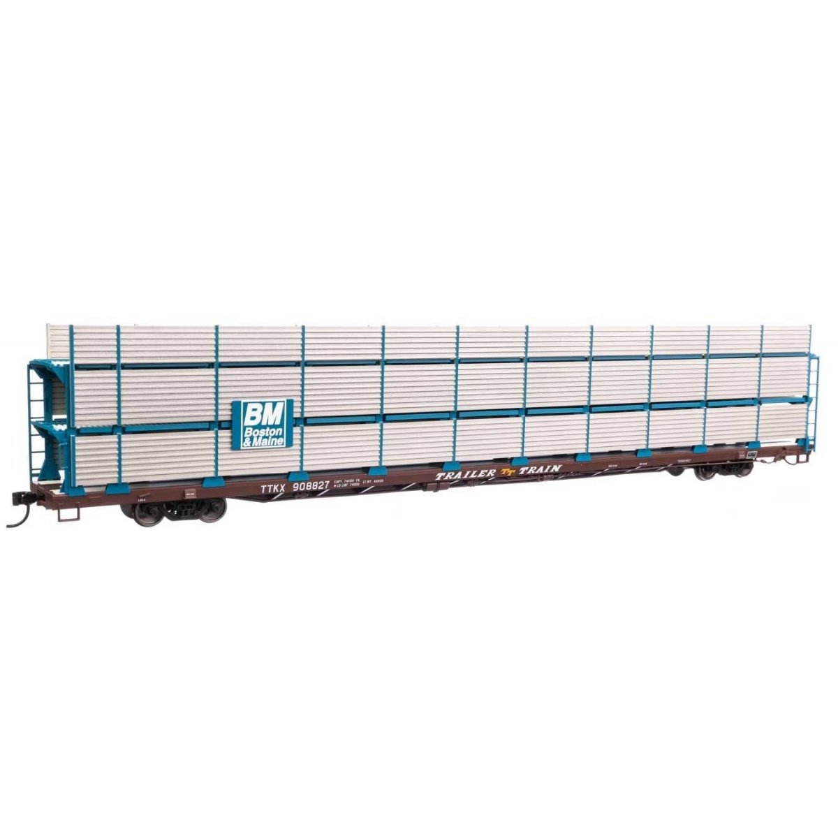 89′ Flatcar w/Tri-Level Shielded Auto Rack - Ready to Run -- Boston & Maine 908827, TTKX Flatcar (brown), HO, WalthersMainline