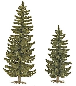 Spruce Trees pkg(2) -- 3-5/8 x 4-13/16′ 90 & 120mm Tall, HO, Busch Gmbh & Co Kg 6133