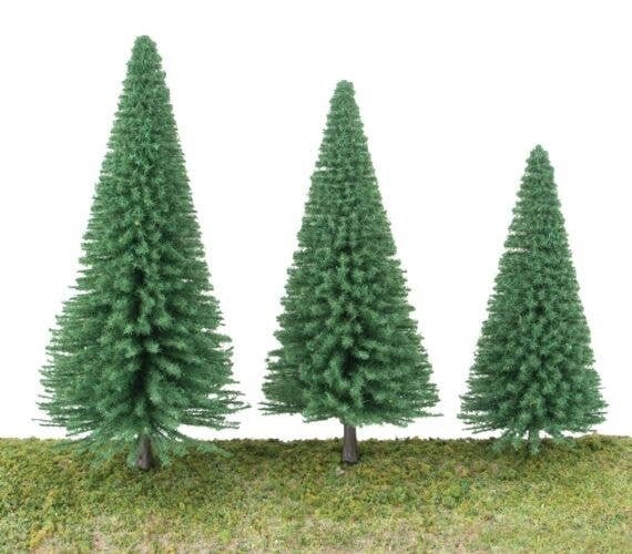 Pine Trees pkg(10) -- 5-1/2 to 7-3/8′ 14 to 18cm (Includes Pin Base), All Scales, Walthers SceneMaster 1181