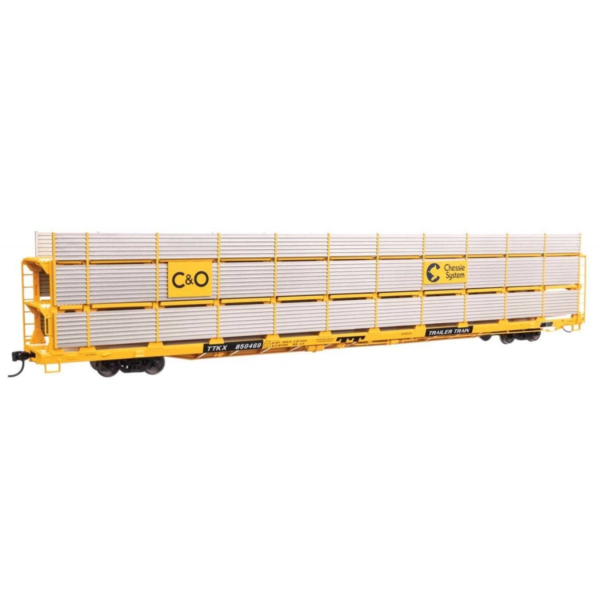 89′ Flatcar w/Tri-Level Shielded Auto Rack - Ready to Run -- Chesapeake & Ohio 850469, TTKX Flatcar (yellow), HO, WalthersMain
