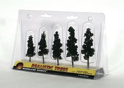 Ready Made Realistic Trees(TM) - Pines -- Conifer Green - 2-1/2 to 4′ 6.4 to 10.2cm pkg, All Scales, Woodland Scenics 1560