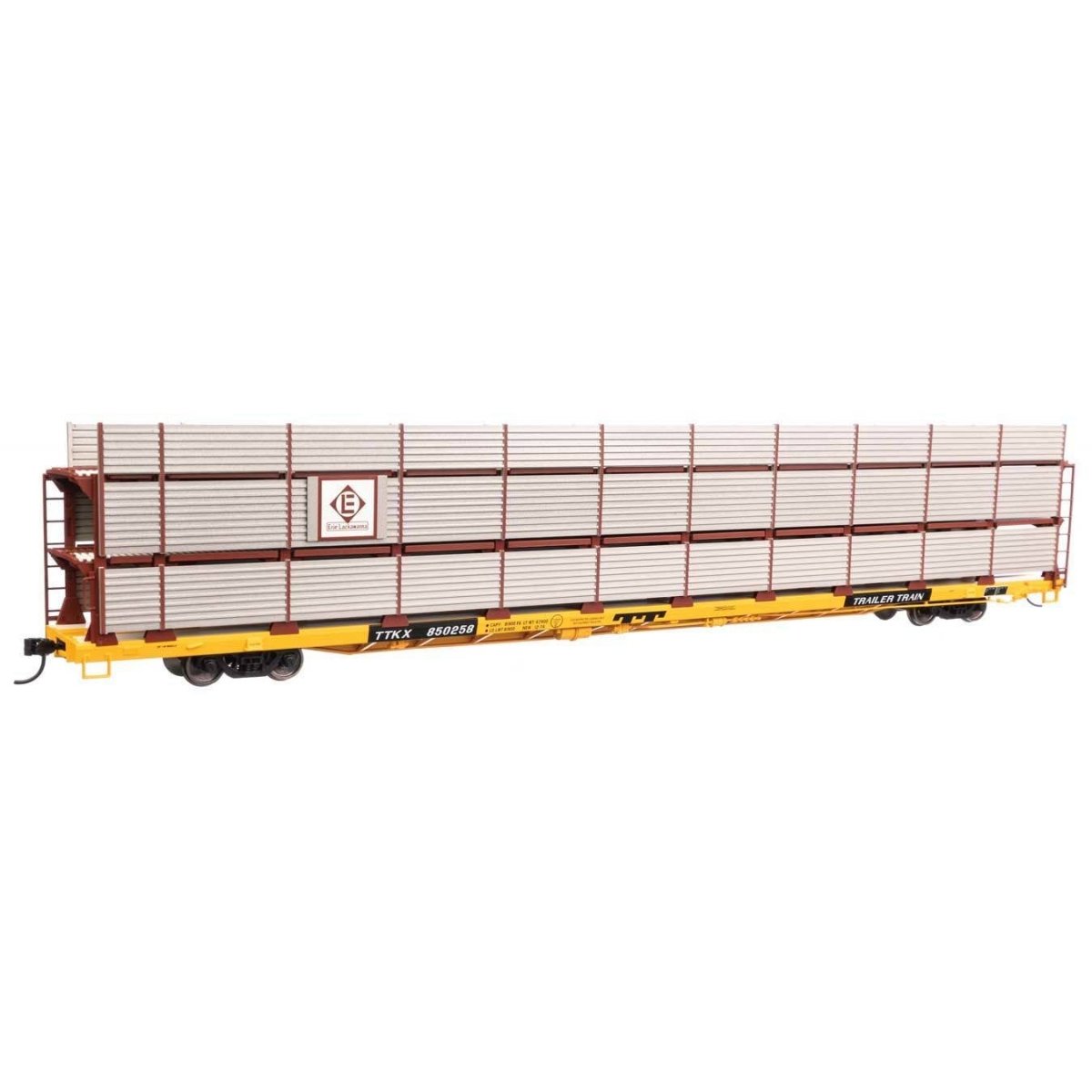89′ Flatcar w/Tri-Level Shielded Auto Rack - Ready to Run -- Erie Lackawanna 850258, TTKX Flatcar (yellow), HO, WalthersMainli