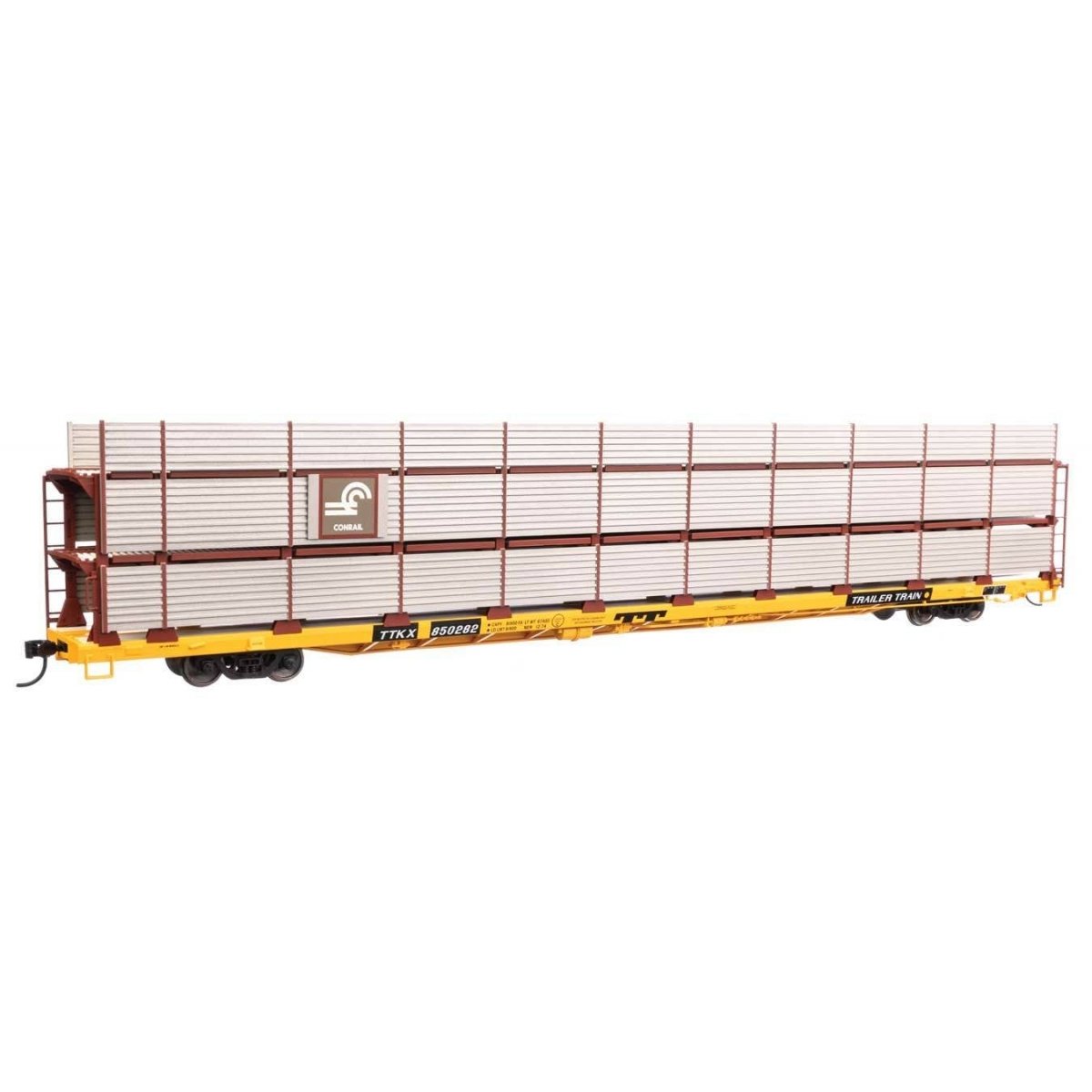 89′ Flatcar w/Tri-Level Shielded Auto Rack - Ready to Run -- Conrail 850282, TTKX Flatcar (yellow), HO, WalthersMainline 8311