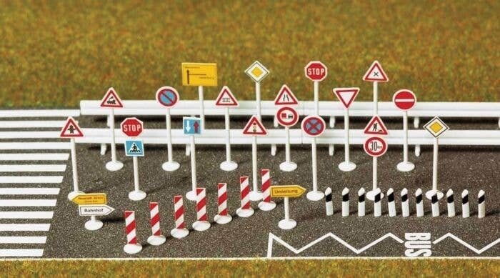 European-Style Traffic Sign Set -- 30 Signs, 10 Guardrails, Road Limit Posts & Dry Transfer St, HO, Busch Gmbh & Co Kg 6027