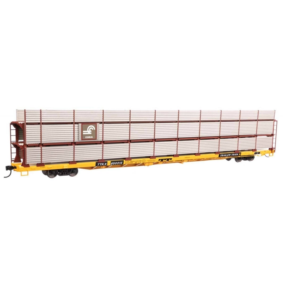 89′ Flatcar w/Tri-Level Shielded Auto Rack - Ready to Run -- Conrail 850316, TTKX Flatcar (yellow), HO, WalthersMainline 8312