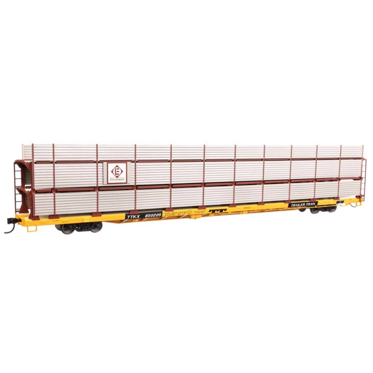 89′ Flatcar w/Tri-Level Shielded Auto Rack - Ready to Run -- Erie Lackawanna 850205, TTKX Flatcar (yellow), HO, WalthersMainli