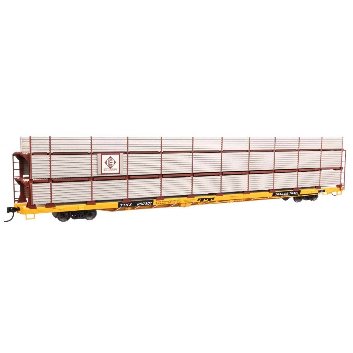 89′ Flatcar w/Tri-Level Shielded Auto Rack - Ready to Run -- Erie Lackawanna 850307, TTKX Flatcar (yellow), HO, WalthersMainli