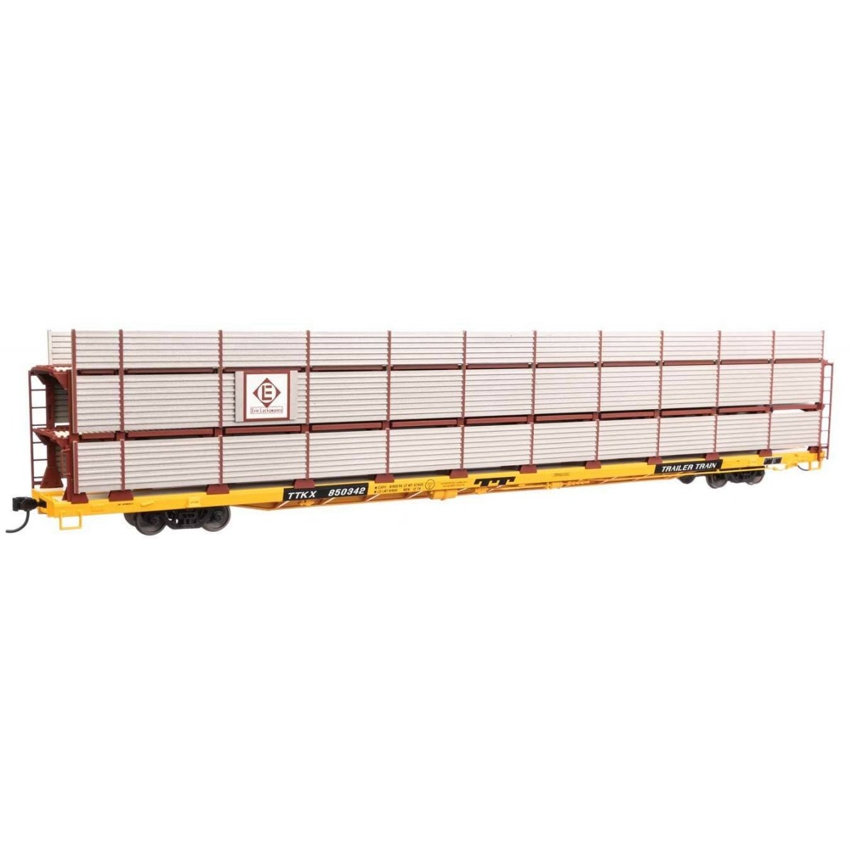 89′ Flatcar w/Tri-Level Shielded Auto Rack - Ready to Run -- Erie Lackawanna 850342, TTKX Flatcar (yellow), HO, WalthersMainli
