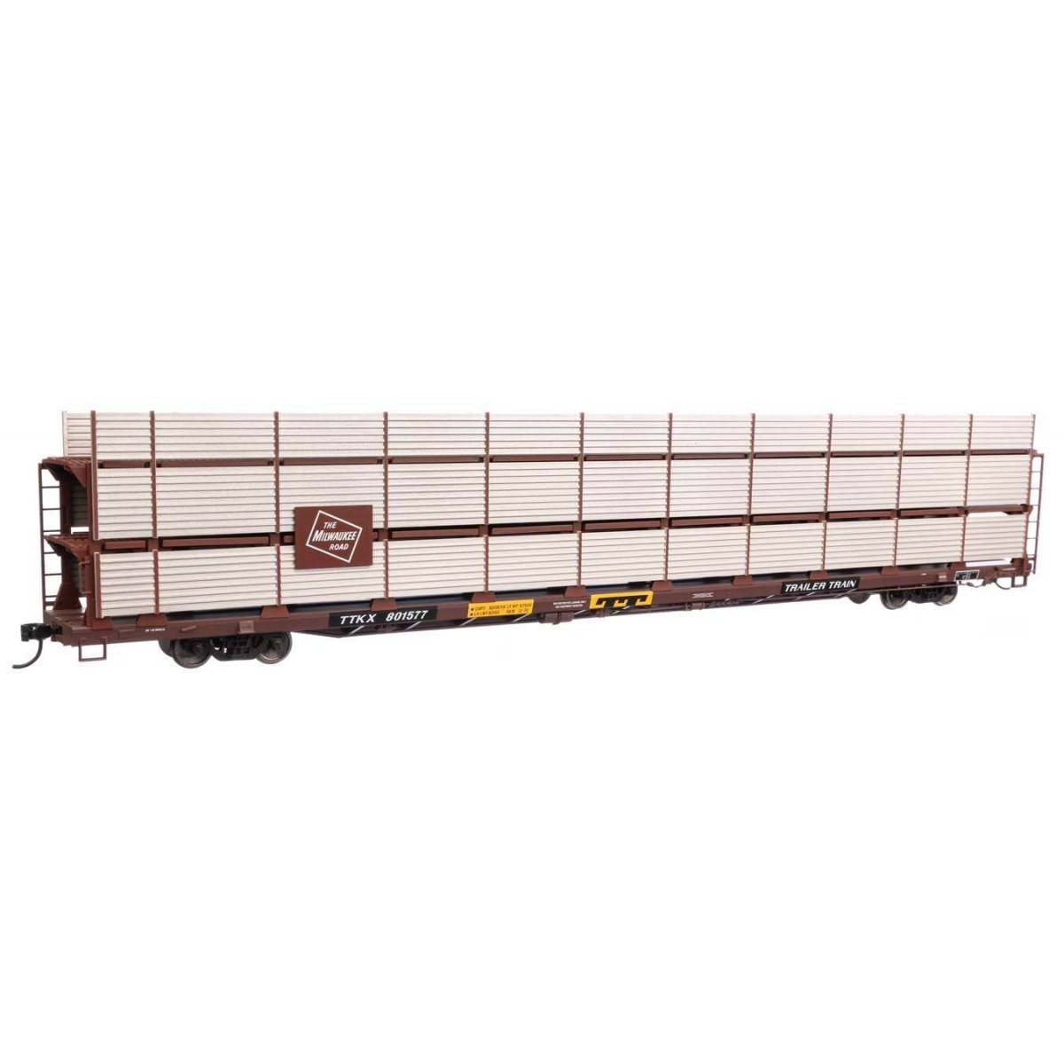89′ Flatcar w/Tri-Level Shielded Auto Rack - Ready to Run -- Milwaukee Road 801577, TTKX Flatcar (brown), HO, WalthersMainline