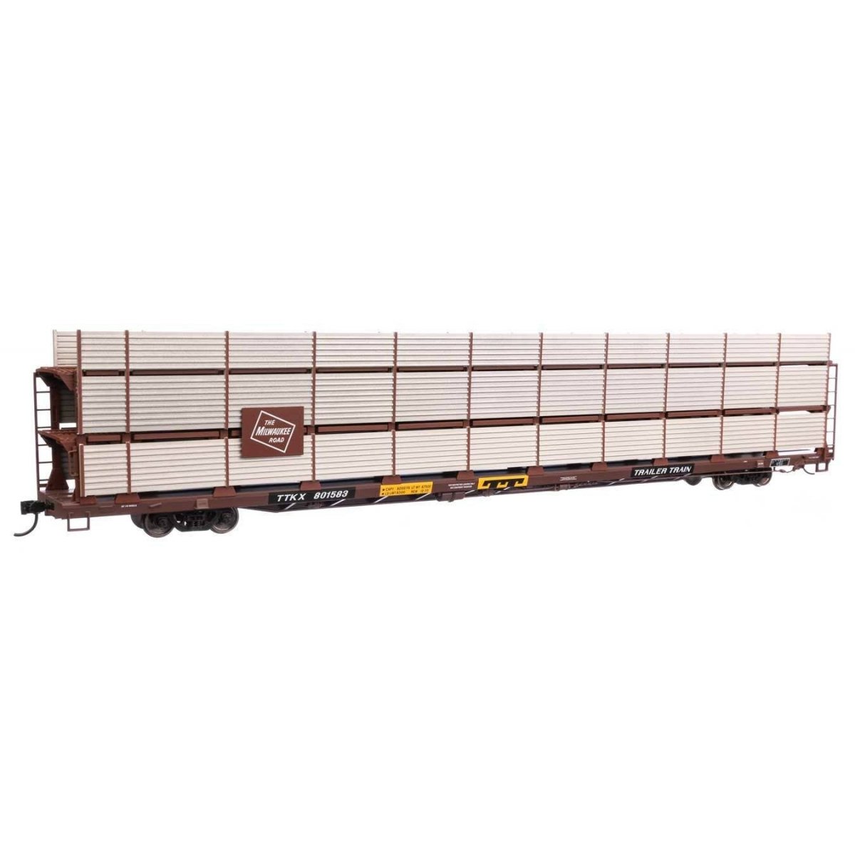 89′ Flatcar w/Tri-Level Shielded Auto Rack - Ready to Run -- Milwaukee Road 801583, TTKX Flatcar (brown), HO, WalthersMainline