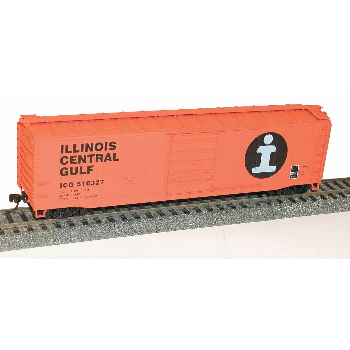 50` Steel Boxcar w/8` Superior Doors, Roofwalk, High Ladders, Brakewheel - K -- Illinois Central Gulf 516327 (orange, black, whi