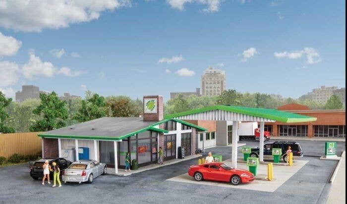Modernized Gas Station -- Kit - Main Building: 10-1/2 x 9 x 3-3/16′ 26.6 x 22.8 x 8cm, HO, Walthers Cornerstone 3542