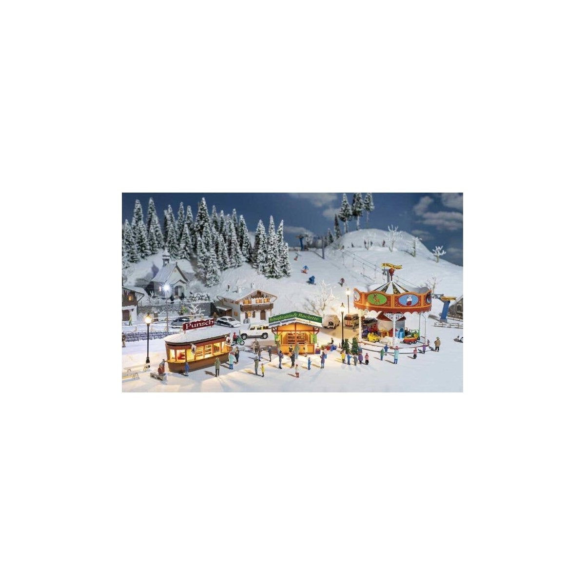 Christmas Market Set -- Ikit Includes 2 Stalls, Carousel (Unpowered), Icicles, Snow Powder, HO, Faller Gmbh 190143