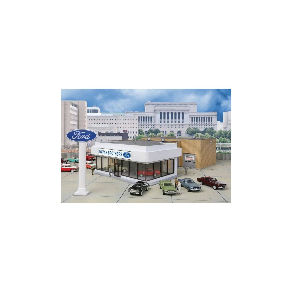 Wayne Bros. Ford Dealership -- Kit - 8-7/8 x 12-1/8 x 3-7/8′ 22.5 x 30 x 9.8cm, HO, Walthers Cornerstone 3483
