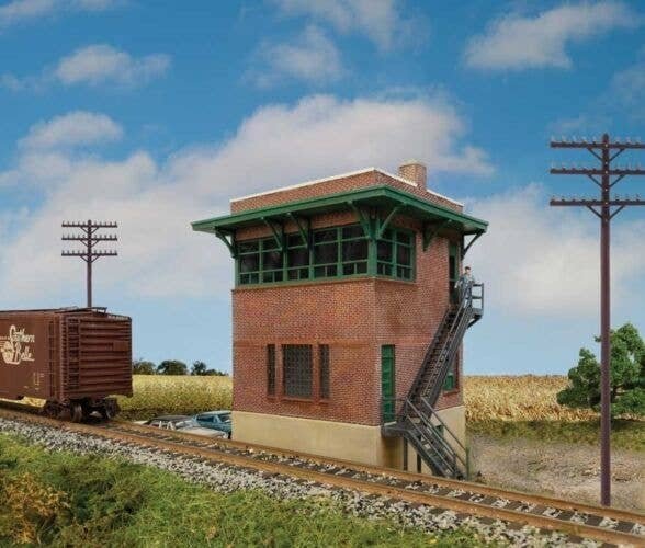 Pennsylvania Railroad Brick Interlocking Tower w/Flat Roof -- Kit - 5-1/4 x 3-1/8 x 5-5/8′ , HO, Walthers Cornerstone 3554