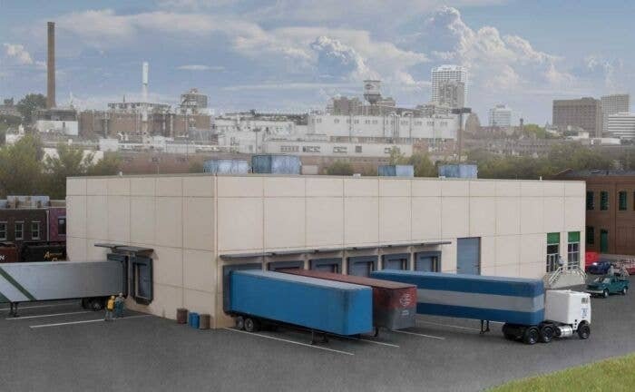 Modern Concrete Warehouse -- Kit - 12 x 6-3/4 x 3-3/16′ 30.4 x 17.1 x 8cm, N, Walthers Cornerstone 3862