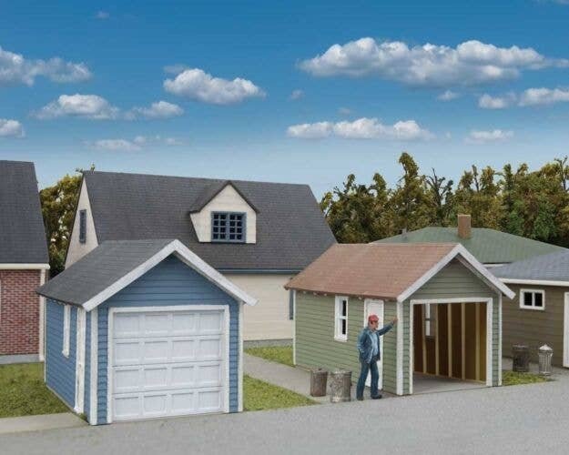 Single-Car Garage pkg(2) -- Kit - Each: 2-5/8 x 1-5/8 x 1-11/16′ 6.6 x 4 x 4.1cm, HO, Walthers Cornerstone 3796