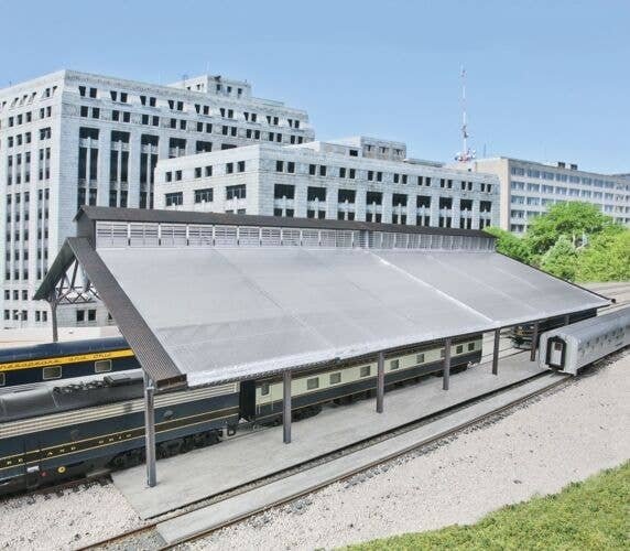 Train Shed with Clear Roof -- Kit: 22-3/8 x 11-9/16 x 6-1/4′ 56.8 x 29.3 x 15.8cm, HO, Walthers Cornerstone 2984
