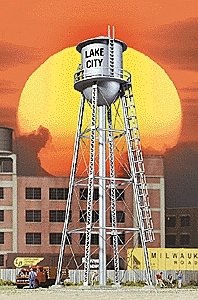 City Water Tower - Built-ups -- Assembled - Silver - 3-3/4 x 3-3/4 x 11′ 9.3 x 9.3 x 27.5cm, HO, Walthers Cornerstone 2826