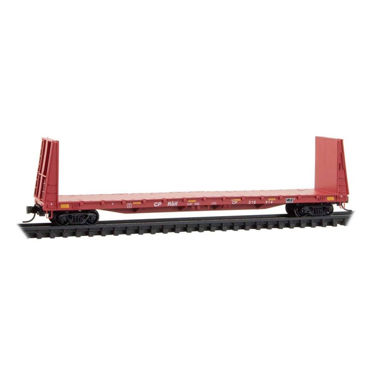 61` 8` Bulkhead Flatcar - Ready to Run -- Canadian Pacific 316414 (Action Red, white), N, Micro Trains Line 5400451