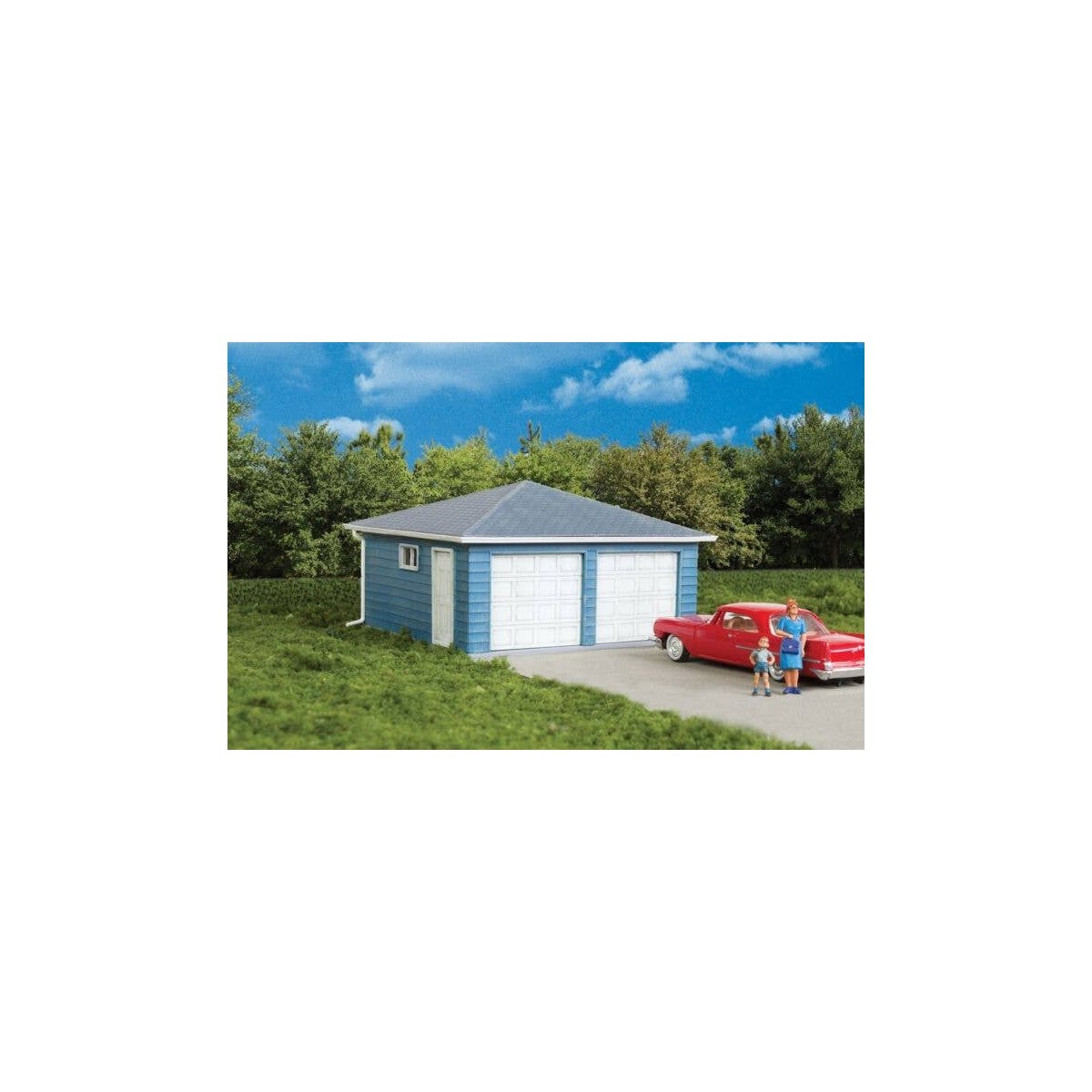 Two-Car Garage -- Kit - 3-1/8 x 3-1/8 x 2′ 7.9 x 7.9 x 5cm over eaves, HO, Walthers Cornerstone 3793