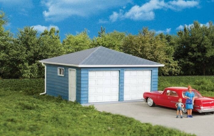 Two-Car Garage -- Kit - 3-1/8 x 3-1/8 x 2′ 7.9 x 7.9 x 5cm over eaves, HO, Walthers Cornerstone 3793