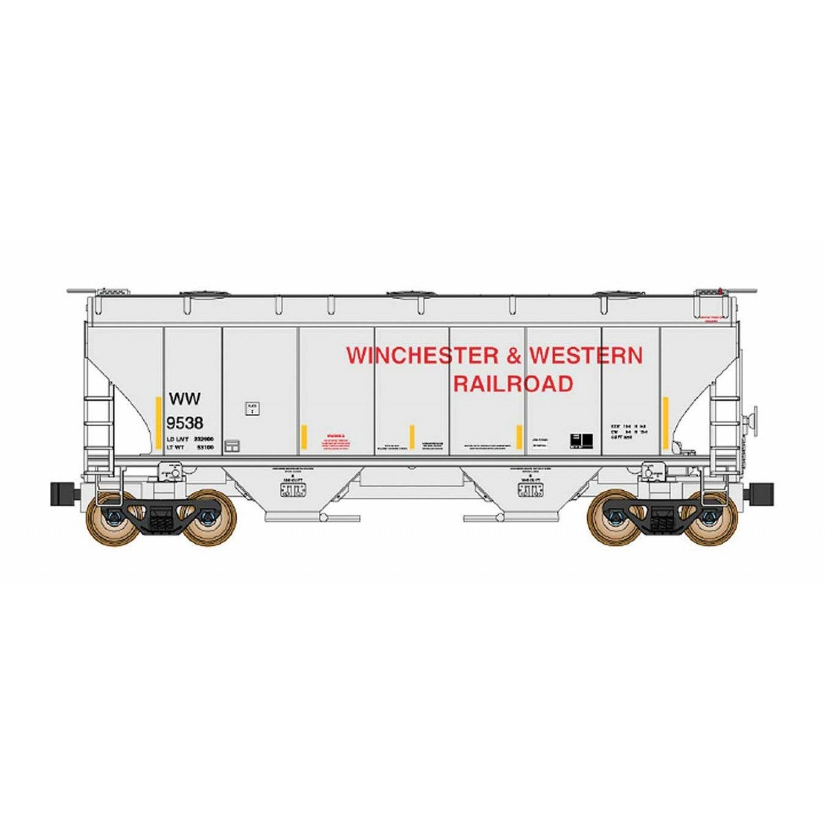 Trinity 3281 2-Bay Covered Hopper - Ready to Run -- Winchester & Western (gray, yellow Conspicuity Markings), N, Intermountain R