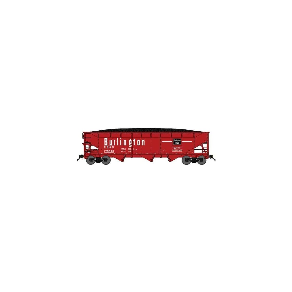 70-Ton Offset-Side 3-Bay Hopper w/Load - Ready to Run -- Chicago, Burlington & Quincy 170606 (Chinese Red, white, black), N, Blu
