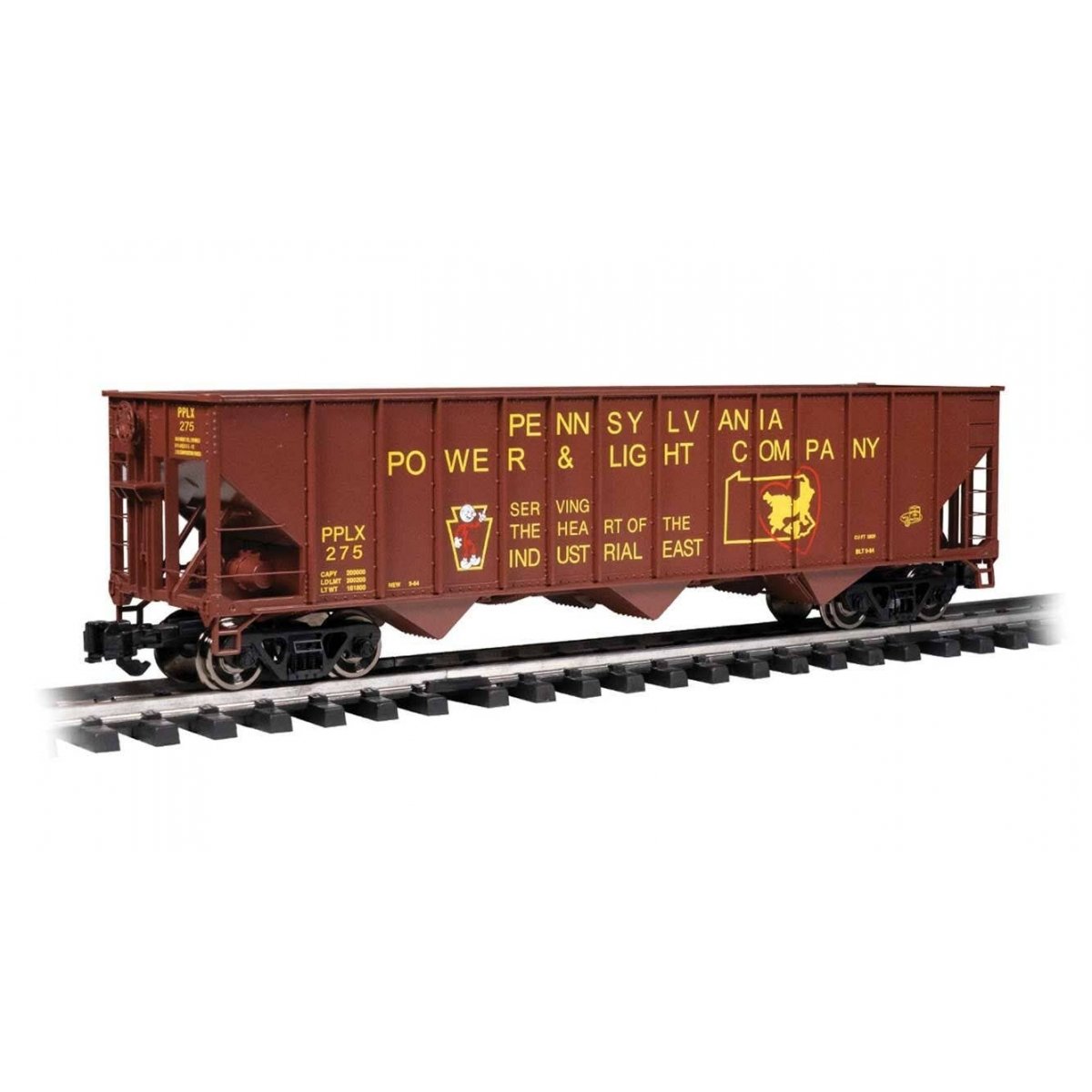 Bethlehem Steel 100-Ton 3-Bay Hopper - Ready to Run -- Pennsylvania Power & Light 275 (Boxcar Red, yellow, Reddy Kilowatt Logo),