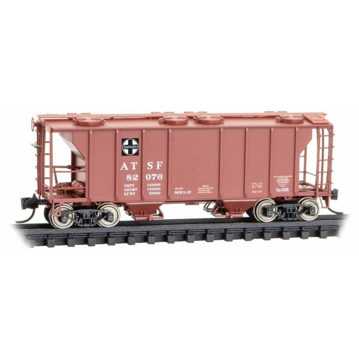PS-2 2-Bay Covered Hopper - Ready to Run -- Santa Fe 82076 (Class GA-105, Boxcar Red), N, Micro Trains Line 9500051