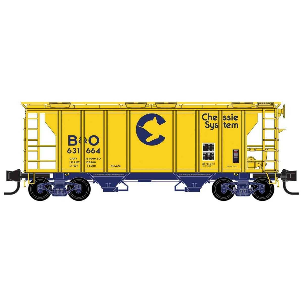 PS-2 2-Bay Covered Hopper - Ready to Run -- Chessie System B&O 631664 (yellow, blue), N, Micro Trains Line 9500090