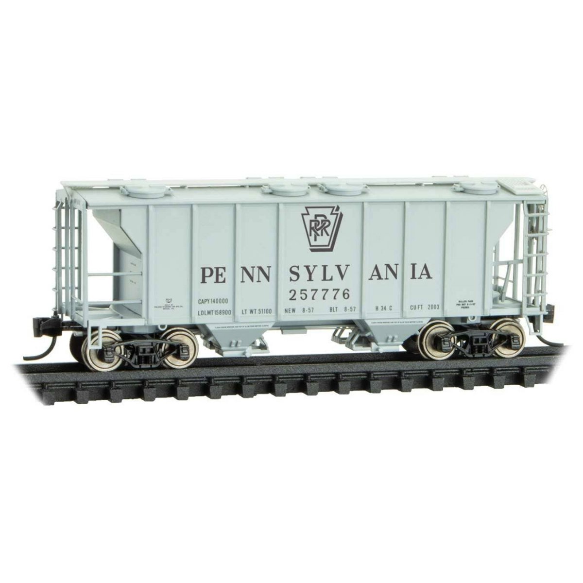 PS-2 2-Bay Covered Hopper - Ready to Run -- Pennsylvania Railroad 257776 (gray, black, Shadow Keystone), N, Micro Trains Line 95