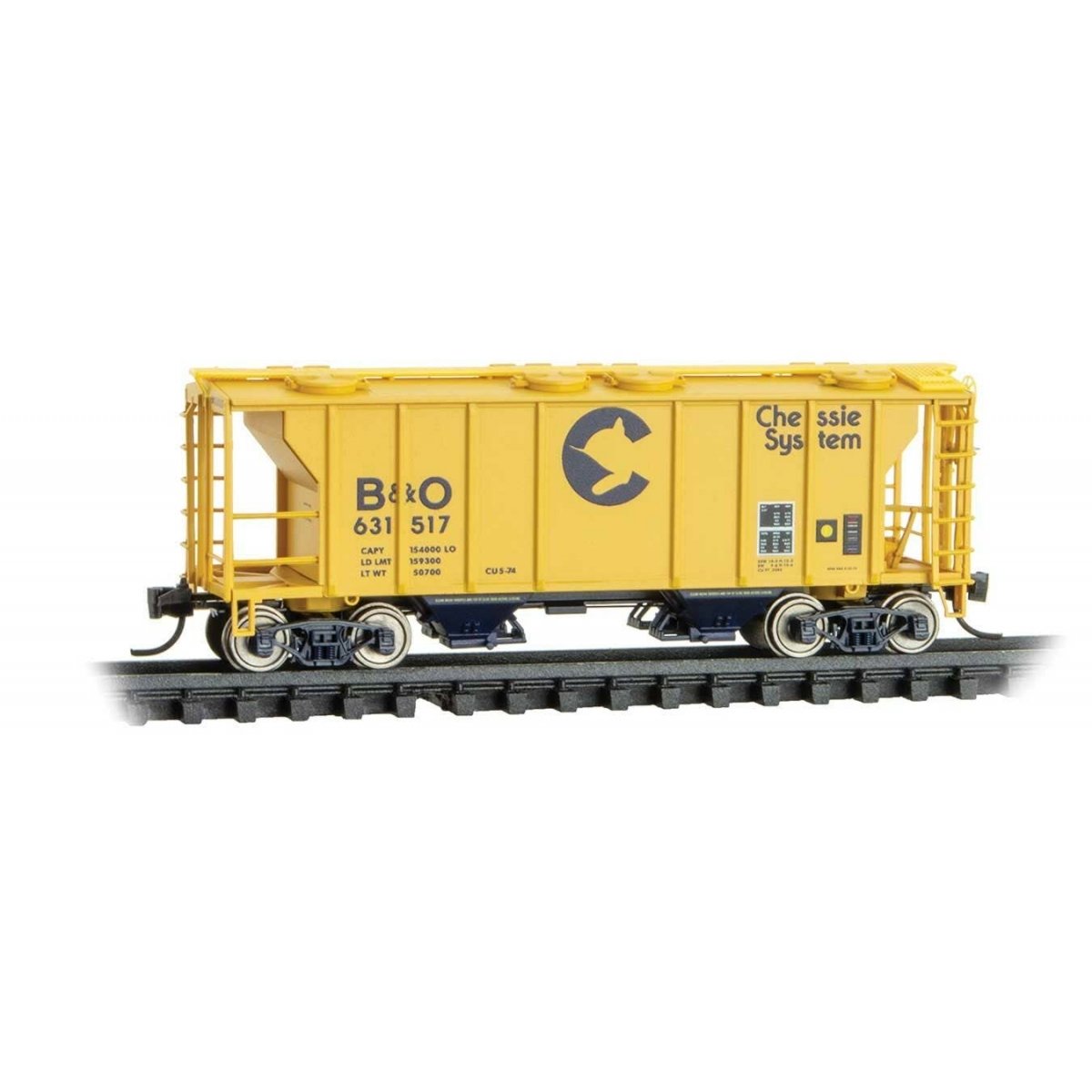 PS-2 2-Bay Covered Hopper - Ready to Run -- Chessie System B&O 631517 (yellow, blue), N, Micro Trains Line 9500091