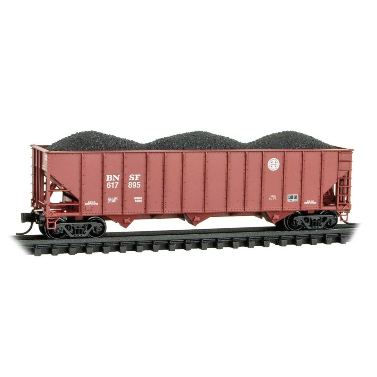 100-Ton 3-Bay Ribside Open Hopper w/Coal Load - Ready to Run -- Burlington Northern Santa Fe 617895 (Boxcar Red, small Circle/Cr