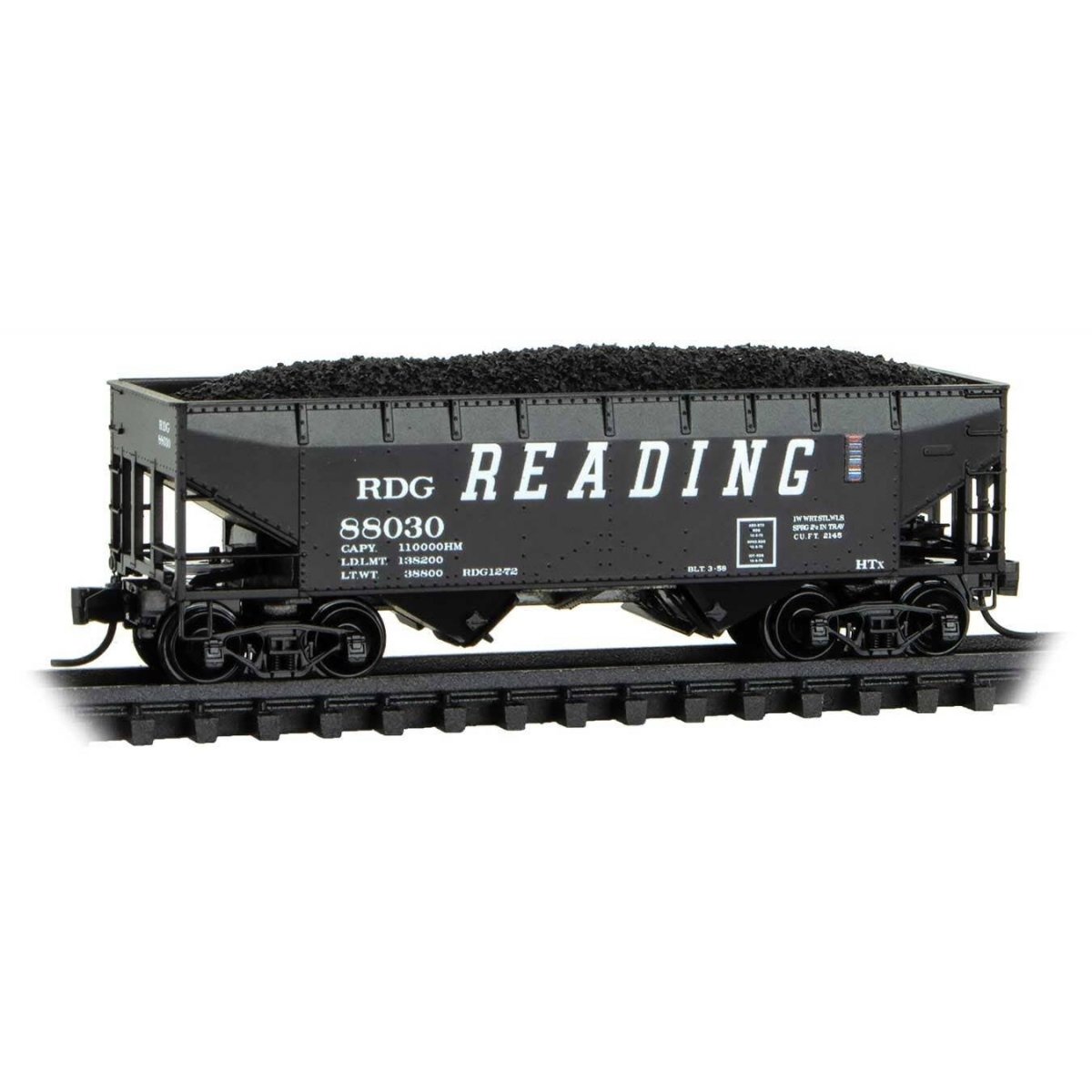 33′ 2-Bay Offset-Side Hopper - Ready to Run -- Reading 88030 (Class HTx, black, white, ACI Label), N, Micro Trains Line 550063