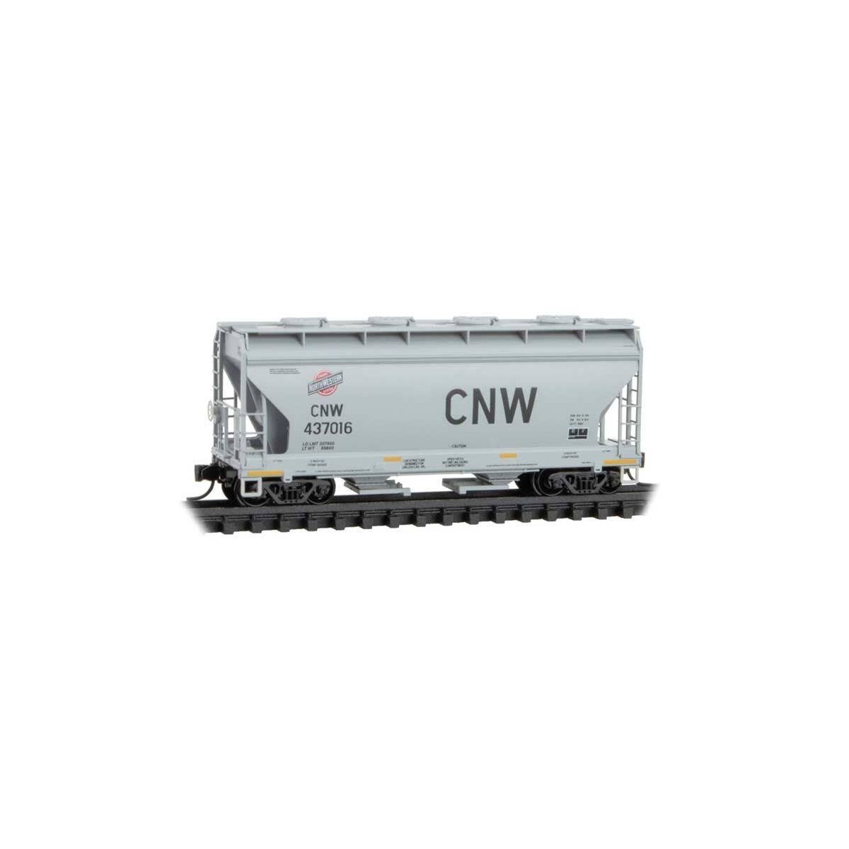 ACF 39′ 2-Bay Center-Flow Covered Hopper - Round Hatches - Ready to Run -- Chicago & North Western 437016 (gray, large CNW), N