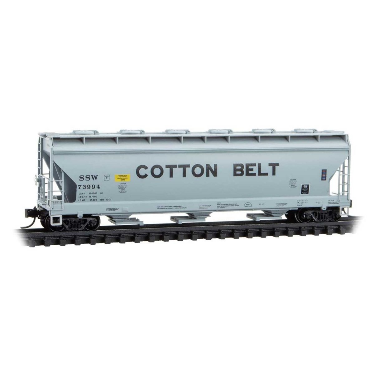 ACF 3-Bay Center Flow Covered Hopper w/Round Hatches - Ready to Run -- Cotton Belt SSW 73994 (gray, black), N, Micro Trains Line