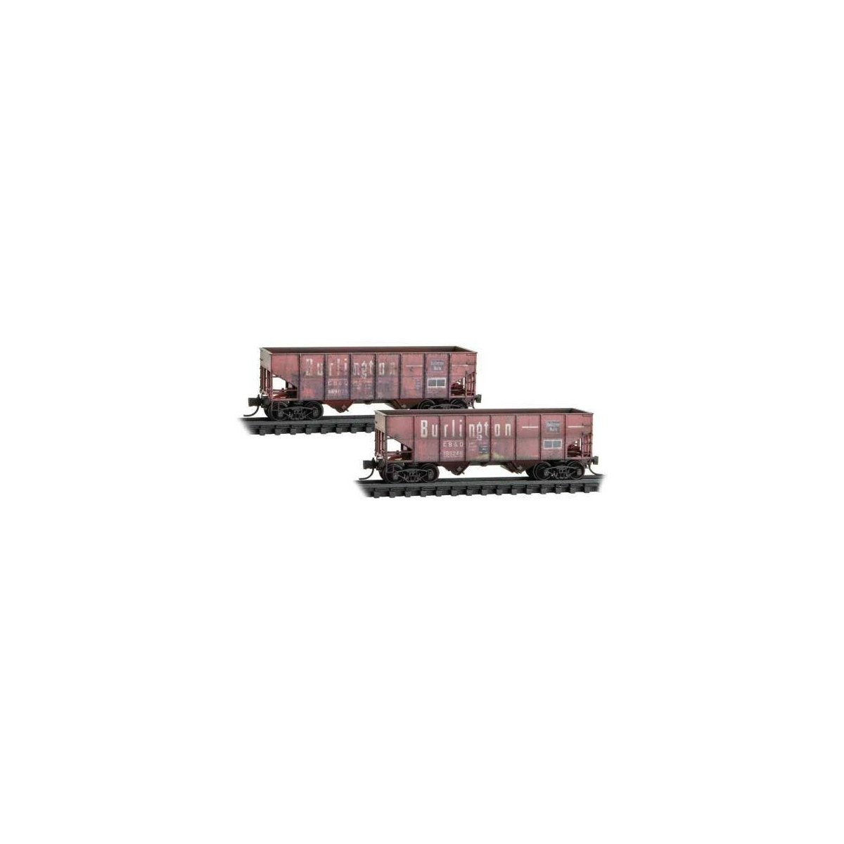 33′ 2-Bay Rib-Side Hopper 2-Pack - Ready to Run -- Chicago, Burlington & Quincy 189248, 189023 (Weathered, red, white), N, Mic