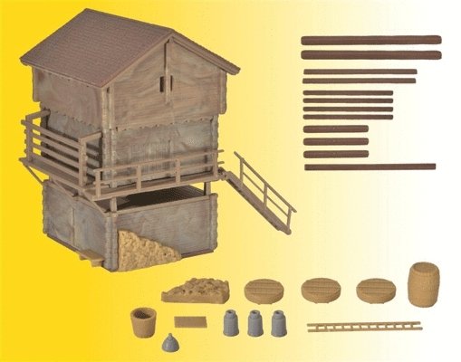 Wood Barn & Shed -- Kit - 2-9/16 x 3-3/4 x 3-9/16′ 6.5 x 9.5 x 9cm, HO, Kibri 38035