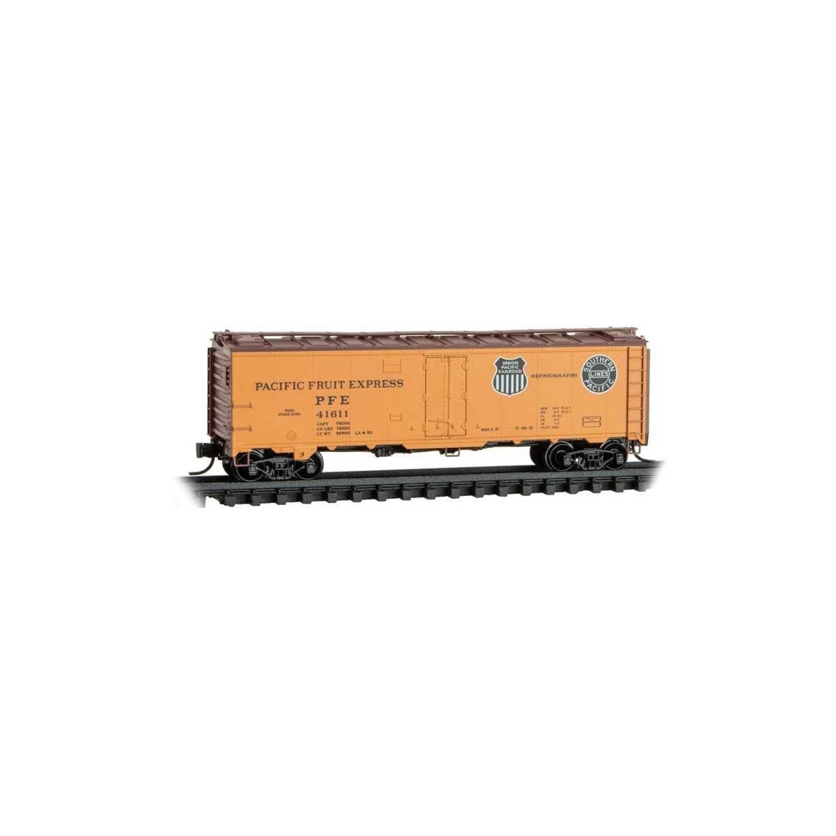 40′ Steel Ice Reefer - Ready to Run -- Pacific Fruit Express 41611 (orange, Boxcar Red, black UP & SP Logos), N, Micro Trains 