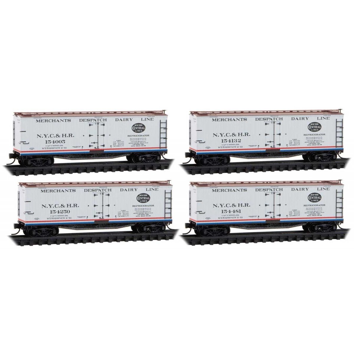 40′ Double-Sheathed Wood Reefer w/Vertical Brake Wheel 4-Pack - Ready to Run -- New York Central & Hudson River 154005, 154250