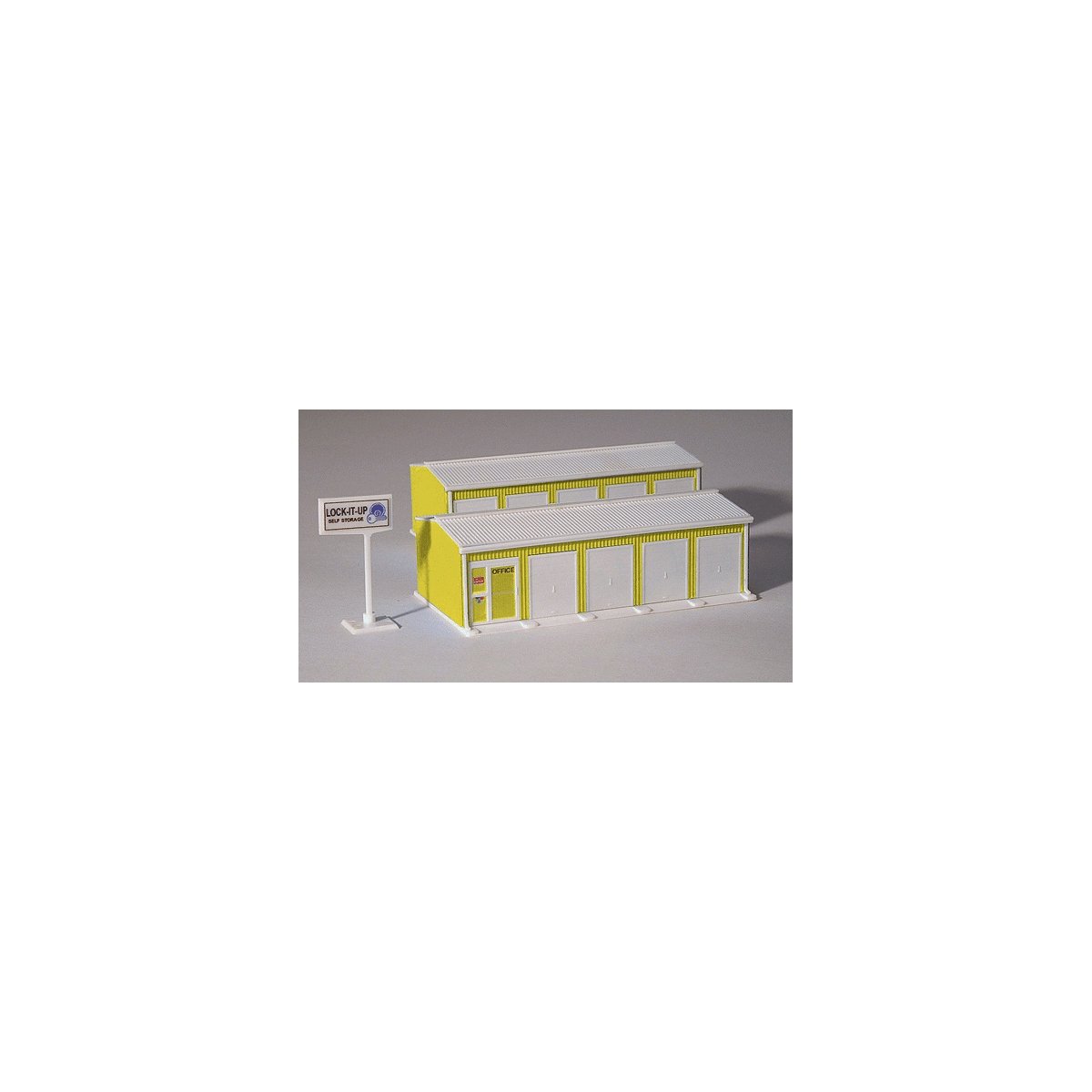 Two-Unit Self-Storage Facility - Kit - Approximately 2 x 5-3/4′ 5.1 x 14.6 -- Yel, HO, Railtown Model Railroad Suppli 2903