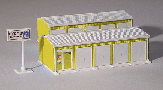 Two-Unit Self-Storage Facility - Kit - Approximately 2 x 5-3/4′ 5.1 x 14.6 -- Yel, HO, Railtown Model Railroad Suppli 2903