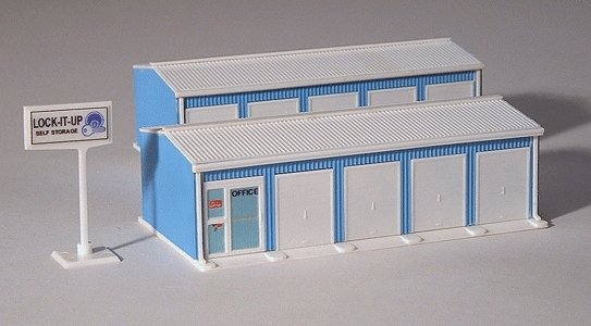 Two-Unit Self-Storage Facility - Kit - Approximately 2 x 5-3/4′ 5.1 x 14.6 -- Med, HO, Railtown Model Railroad Suppli 2901