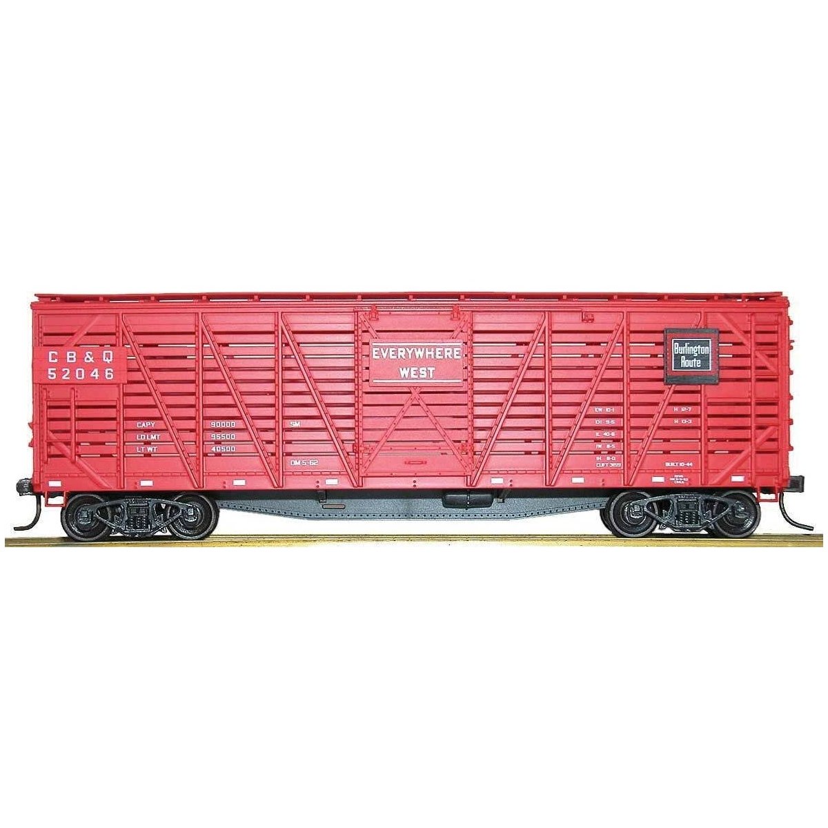 40′ Wood Stock Car - Kit -- Chicago, Burlington & Quincy 52046 (red, white, black, Everywhere West Slog, HO, Accurail Inc 4744