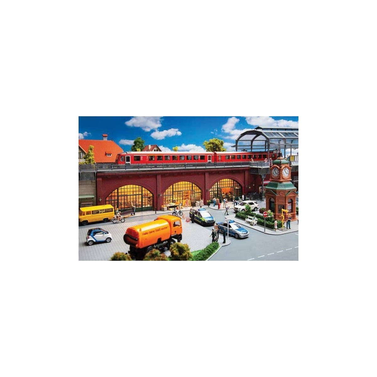 Brick Arcades with Shops, Interiors and Track Bed -- Kit - 14-1/8 x 5-7/16 x 3-13/16′ 35.8 x 13.8 , HO, Faller Gmbh 120571