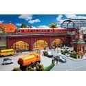Brick Arcades with Shops, Interiors and Track Bed -- Kit - 14-1/8 x 5-7/16 x 3-13/16′ 35.8 x 13.8 , HO, Faller Gmbh 120571