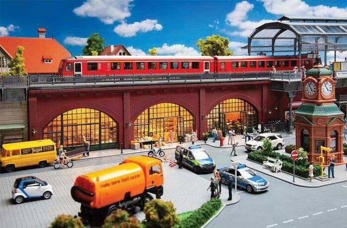 Brick Arcades with Shops, Interiors and Track Bed -- Kit - 14-1/8 x 5-7/16 x 3-13/16′ 35.8 x 13.8 , HO, Faller Gmbh 120571
