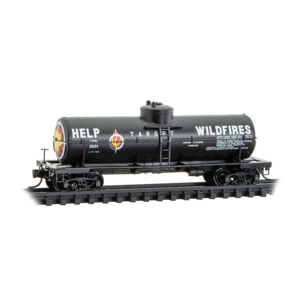 39′ Single-Dome Tank Car - Ready to Run -- Central Western Railway 80164 (Target Wildfires Scheme, black, white, orang, N, Mic