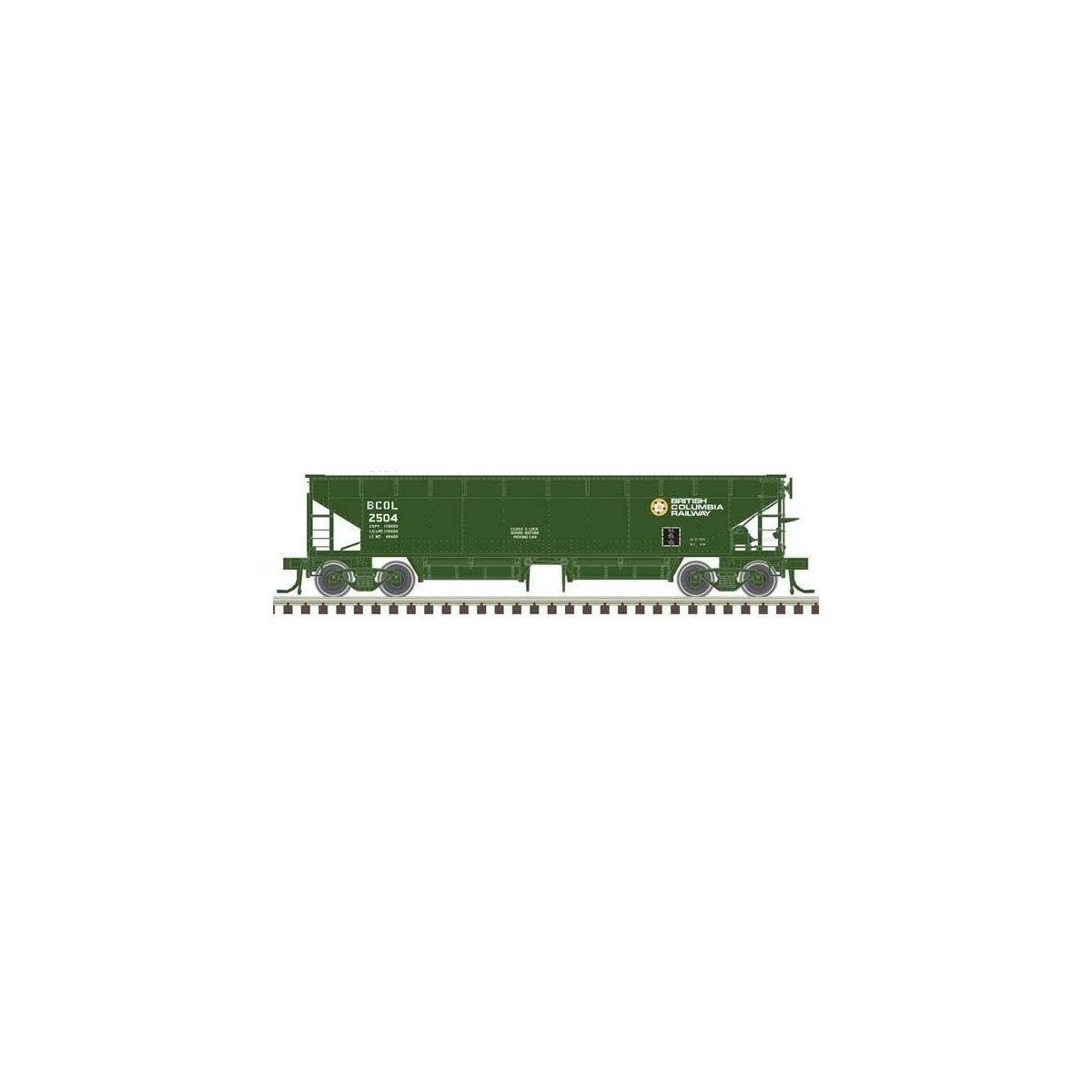 70-Ton Hart Ballast Car 3-Pack - Ready to Run - Master(R) -- British Columbia Railway 2507, 2510, 2520 (green, white), HO, Atlas